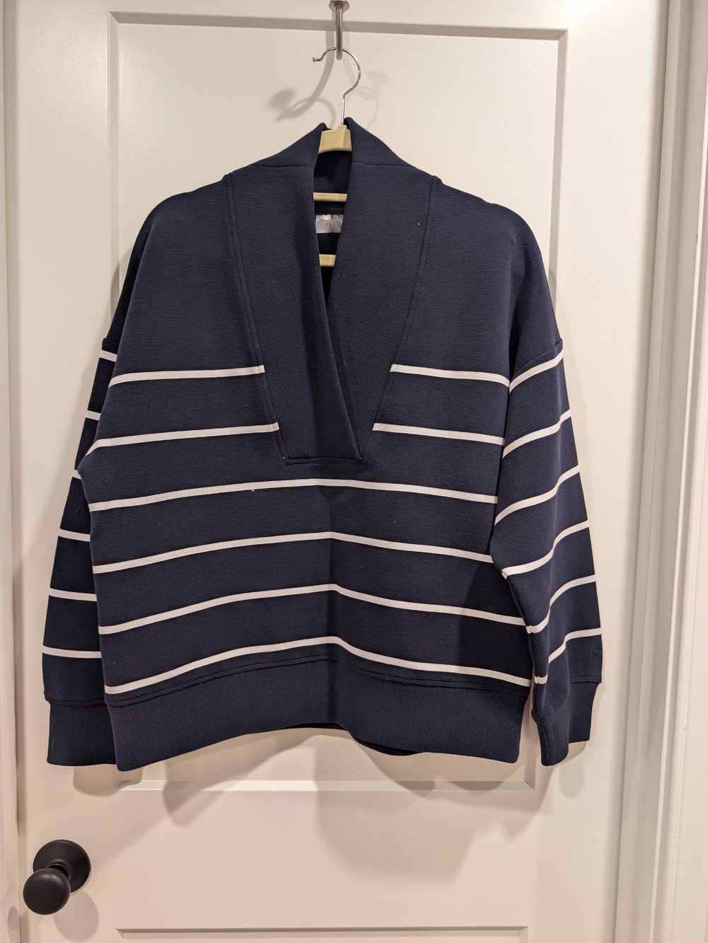 Calia Navy Blue Shawl Collar Striped Sweater